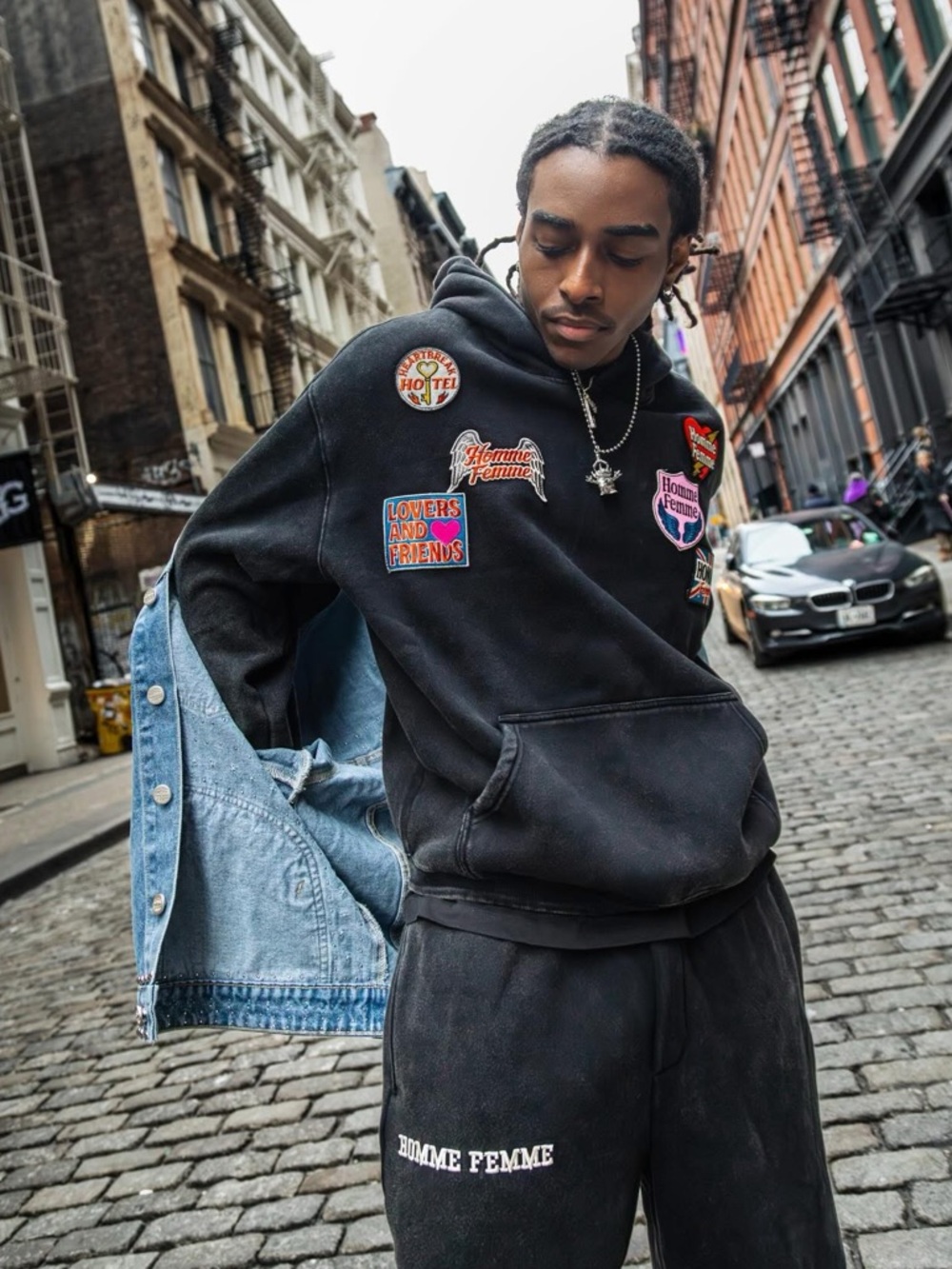 🆕 HOMME FEMME Hoodie Black Washed Embroidery Patchwork NWT